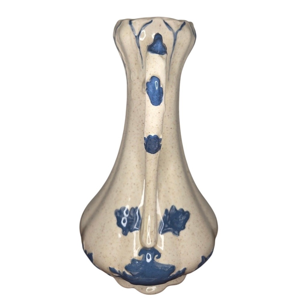 Vintage Ceramic Speckled Pitcher Blue Floral Fluted Vase Cream Farmhouse Decor